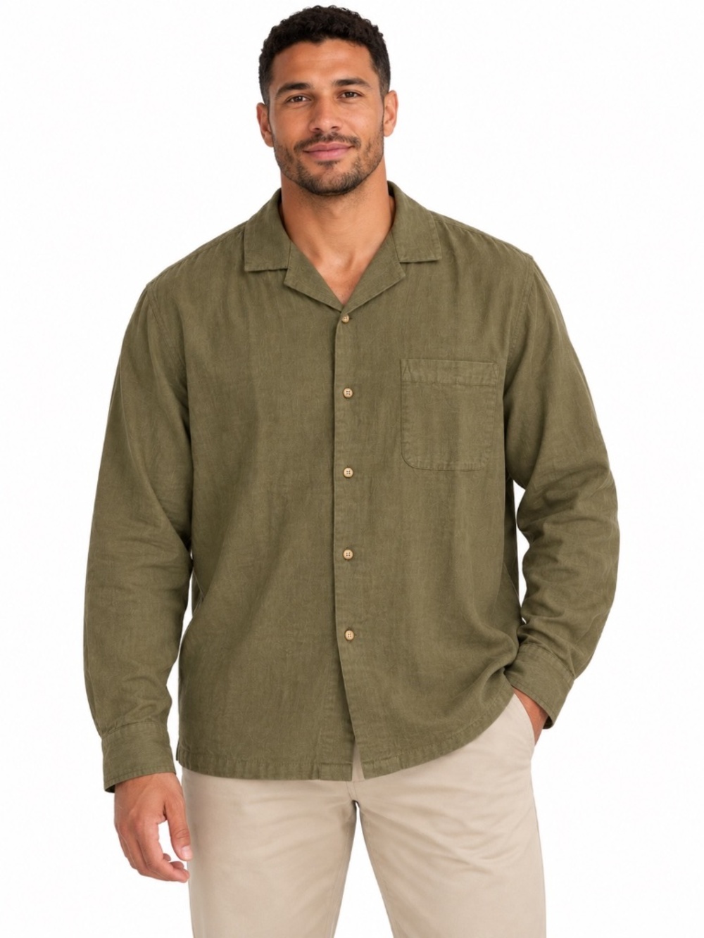 ASOS DESIGN Mens 2XL Olive Linen Blend Long Sleeve Shirt Camp Collar